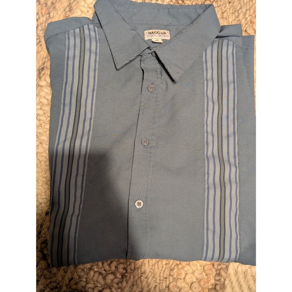 Haggar Cool 18 Tec Mens XXL Blue Striped Short Sleeve Button Down Shirt